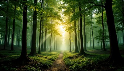 A peaceful digital forest where trees are binary codes, gently lit by dawn, offering an imaginative and refreshing cyber ambiance.