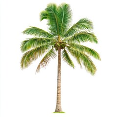 Tall and Slender Coconut Tree with Green Fronds and Yellowish Coconuts on Trunk Isolated Background