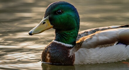 Obraz premium Majestic Mallard Duck on Water - Close-up of a mallard duck gracefully floating on calm water, sunlight illuminating its feathers