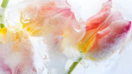 Fototapeta premium Frozen tulips with delicate petals and ice textures