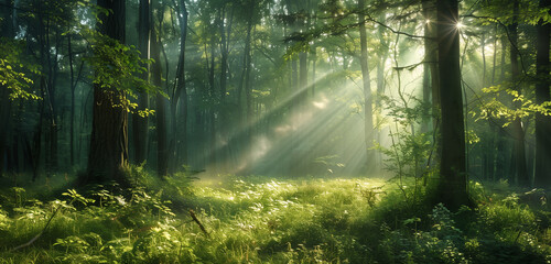 Obraz premium A lush green forest with sunlight gently filtering through the dense foliage of tall trees, creating a serene and natural ambiance.