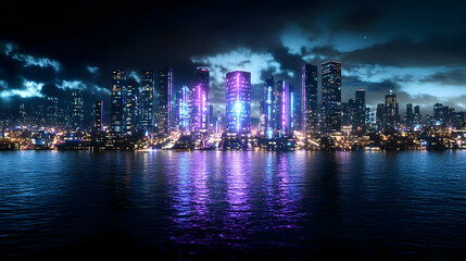Obraz premium Pixel Art Cityscape At Night With Purple And Blue Lights Reflecting In The Water