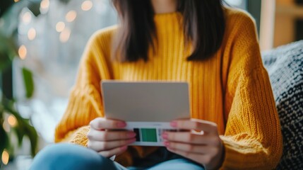 Obraz premium Woman in Yellow Sweater Examining a Color Palette Sample Indoors