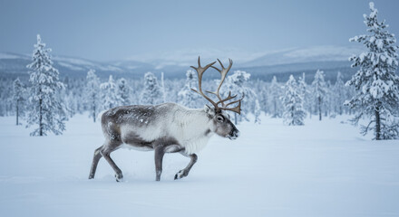 Obraz premium Majestic Reindeer in Winter Wonderland - A single reindeer gracefully walks through a snow-covered landscape, its antlers majestic against the winter sky. Symbolizing freedom, wilderness, resilience