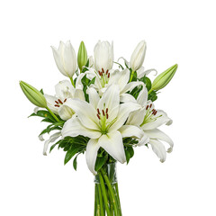 Obraz premium Elegant bouquet of white lilies and tulips with green leaves against a white backdrop exuding serenity and beauty