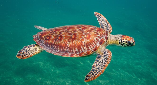 Majestic Sea Turtle in Vibrant Ocean - A stunning sea turtle glides gracefully through crystal-clear turquoise water, its shell displaying intricate patterns