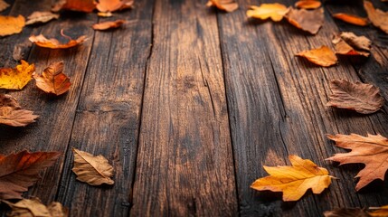 Fall table with rustic wooden surface, empty space in the center, soft lighting and scattered autumn leaves 
