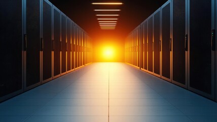 cloud infrastructure automation availability. Futuristic server racks with embedded robotic systems performing automated tasks, ensuring high availability