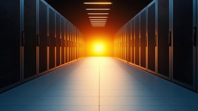 cloud infrastructure automation availability. Futuristic server racks with embedded robotic systems performing automated tasks, ensuring high availability