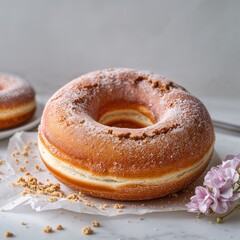 Old Fashioned Donut A cake donut with a crispy craggy exterior and soft inside food portrait photography display on red background