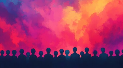 Silhouetted Crowd Against Vibrant Abstract Colorful Background