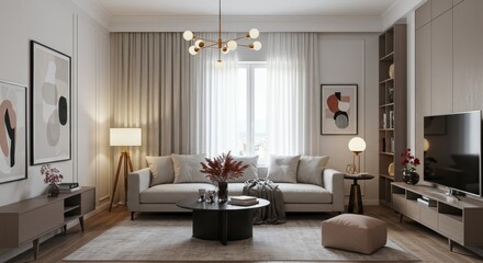 Modern Living Room Interior Design - Elegant living room, neutral palette, natural light, cozy atmosphere, contemporary . Symbolizes calmness, sophistication, comfort, modernity, and