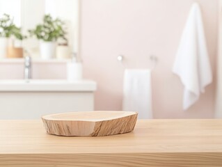 Light beige wooden table top with a wood stump slice in front of a blurred bathroom featuring a white sink, light pink walls, and a hanging white towel for elegant bathing and spa product display.