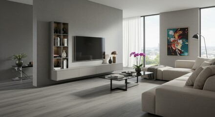 Modern Living Room Interior Design with Grey Walls - Elegant contemporary living room showcasing a neutral color palette, sleek furniture, large windows offering a city view