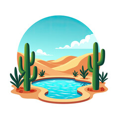 Cartoon illustration of a desert oasis featuring cacti, sand dunes, a small pond, and a clear blue sky, presented on a transparent background