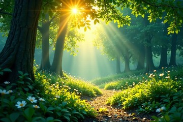Obraz premium Magical sunlight filtering through lush greenery in tranquil forest setting, lush, forest, scenic