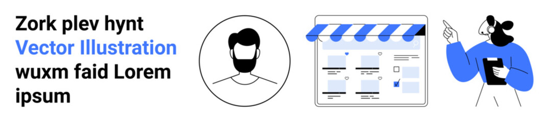 Character holding a clipboard, storefront webpage with blue canopy, male avatar icon. Ideal for e-commerce, business planning, user interface design, website development, online marketing, digital