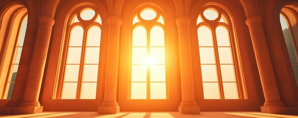 Sunlight Streaming Through Grand Arched Windows in Historic Setting