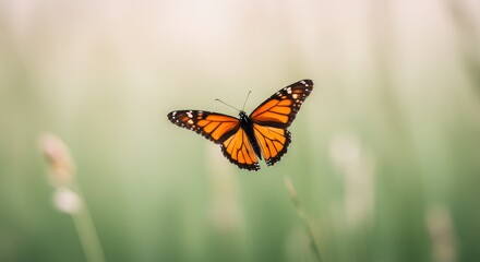 Fototapeta premium Monarch Butterfly in Flight Green Background - A monarch butterfly in flight, symbolizing transformation, freedom, nature, beauty, and hope. Soft green background