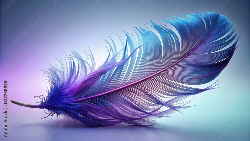 Poster a single feather with blue and purple hues, resting against a gradient background, showcasing the in