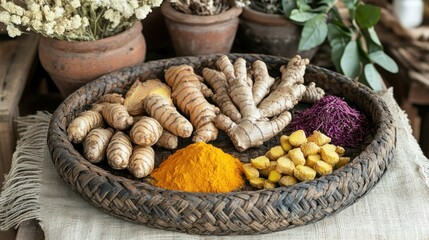 Herbal roots and spices in a rustic basket