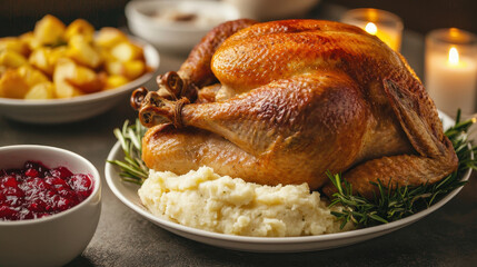 Delicious roasted turkey with mashed potatoes and cranberry sauce