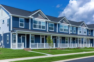 Obraz premium A two-story townhouse with vinyl siding, each house is blue and white in color.
