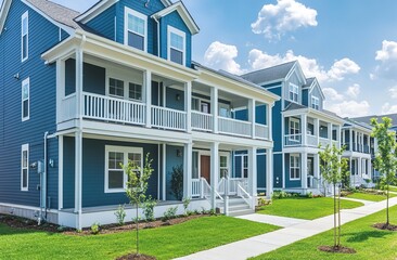 A two-story townhouse with vinyl siding, each house is blue and white in color.