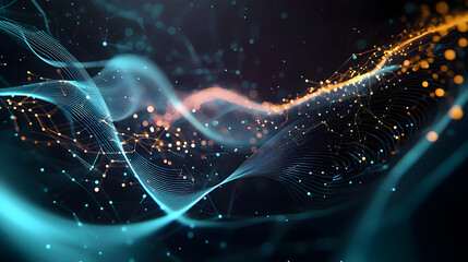 Dynamic Abstract Digital Wave With Orange And Blue Particles Flowing On Dark Background With Glowing Light Effect In Modern Futuristic Technology