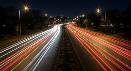 Night Highway Lights Streaks - Long exposure of highway traffic at night, light trails create dynamic streaks