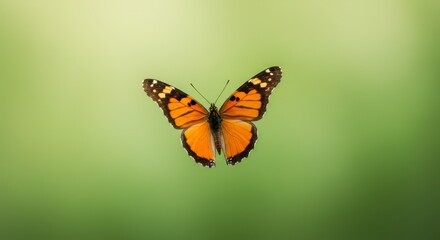 Obraz premium Orange Butterfly in Flight Against Soft Green Background - A vibrant orange butterfly with black markings gracefully takes flight against a soft, blurred green backdrop. Symbolizing transformation