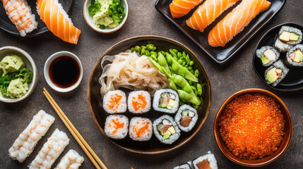 Delicious sushi platter featuring various rolls, salmon, and wasabi