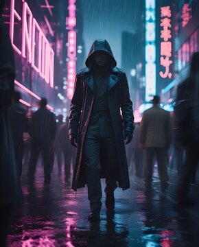Mysterious Cyberpunk Assassin Walking Through a Neon-Lit Rainy Cityscape with a Hooded Trench Coat and Futuristic Noir Atmosphere