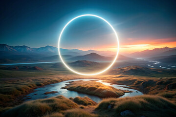 A barren, open landscape with nothing but a glowing neon ring floating in the air