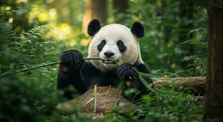 Obraz premium Panda Bamboo Forest Serenity - A serene panda enjoying a bamboo meal in a lush green forest. Symbolizing peace, nature, tranquility, wildlife, and conservation