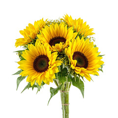 Obraz premium Vibrant sunflower bouquet with large golden petals dark centers surrounded by greenery on a white background exuding warmth positivity