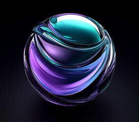 Glass sphere, Abstract 3d black background, glass transparent circles and colorful light iridescent neon holographic gradient,Crystal render rings, digital graphic design, science technology, skincare