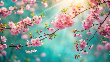 Delicate pink blossoms reaching towards the sun on a branch against a soft, turquoise backdrop.