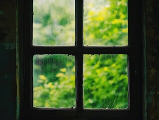 Naklejka premium Rustic Window Frame Showcasing Vibrant Greenery Outside the Glass