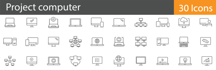 Project Computer includes outline vector icons illustrating software tasks, coding workflows, IT solutions, and digital operations. Editable stroke vector illustration.