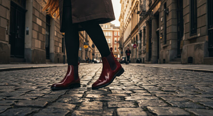 Polished Shoes on Cobblestone Street - Stylish red ankle boots on a cobblestone street, symbolizing urban , elegance, fashion, adventure, and confidence