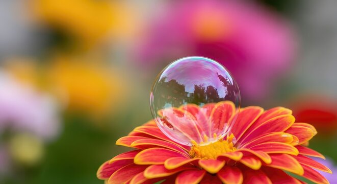 Bubble on vibrant flower with colorful blurred background