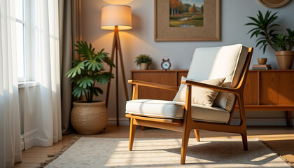Scandinavian-style living space with a wooden chair and fabric upholstery in a warm ambiance