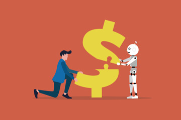 Businessman and robot collaboration, integrating artificial intelligence into work flow for making money, connecting dollar coin