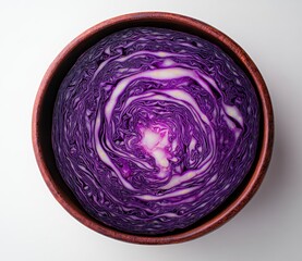 Fototapeta premium Vibrant Purple Cabbage Slice in Rustic Brown Bowl, Closeup View