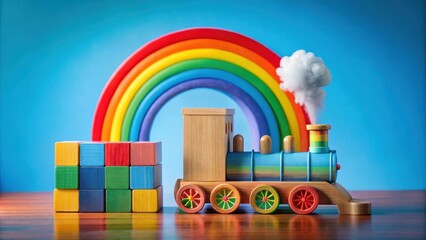 A colorful wooden toy train with a rainbow archway in the background and a fluffy cloud of smoke emanating from its chimney
