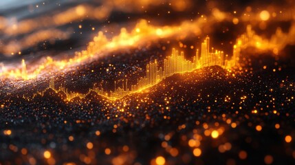 Abstract glowing golden data graph visualization digital stock market chart financial technology