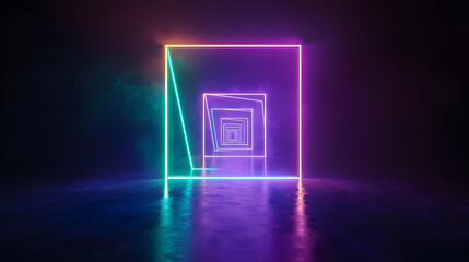 Vivid Neon Tunnel With Glowing Purple Blue And Green Rectangular Frame In Dark Empty Space With Reflective Floor