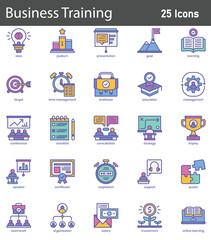 Business Training Line Icons Set. Collection of 30 outline icons representing corporate learning, skill development, and professional growth. Editable stroke vector illustration.