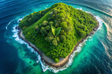 A hill covered in dense rainforest extends into the ocean, but its overall shape